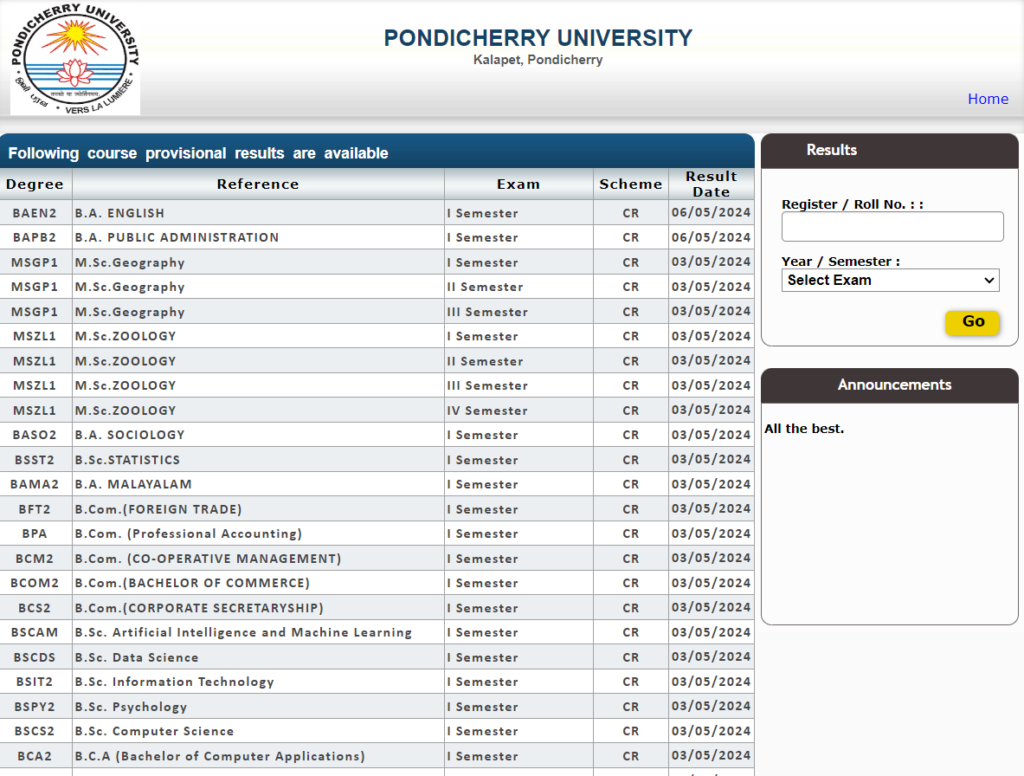 Pondicherry University Result